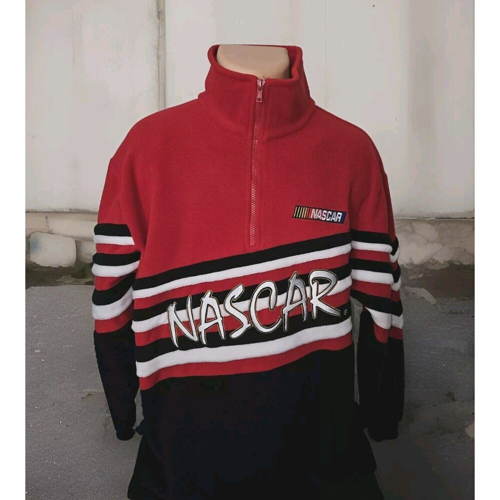VTG 1990s Nascar Spellout Quarter Zip Fleece Sweatshirt Red Stripes Size M EUC